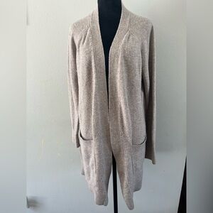 Loft cardigan wool blend open‎ lagenlook gray tan lrg pockets soft cozy workwear